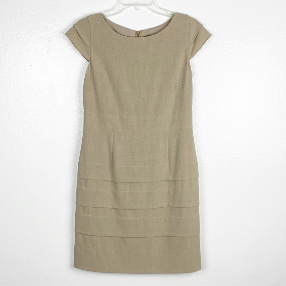 TAHARI Khaki Ruffled Cap Sleeves Lined Dress Size 8P Career Office Work